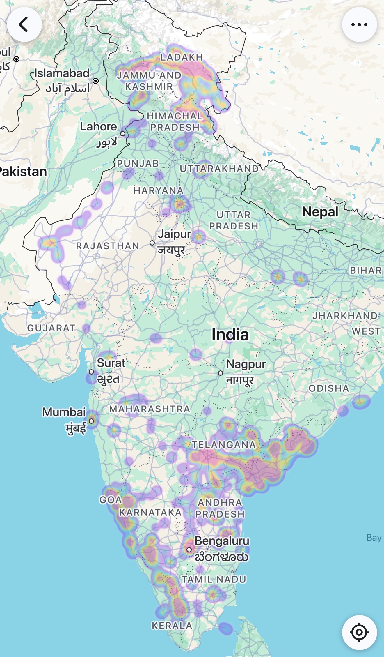 Google Photos heat-map showing travel photo locations across India
